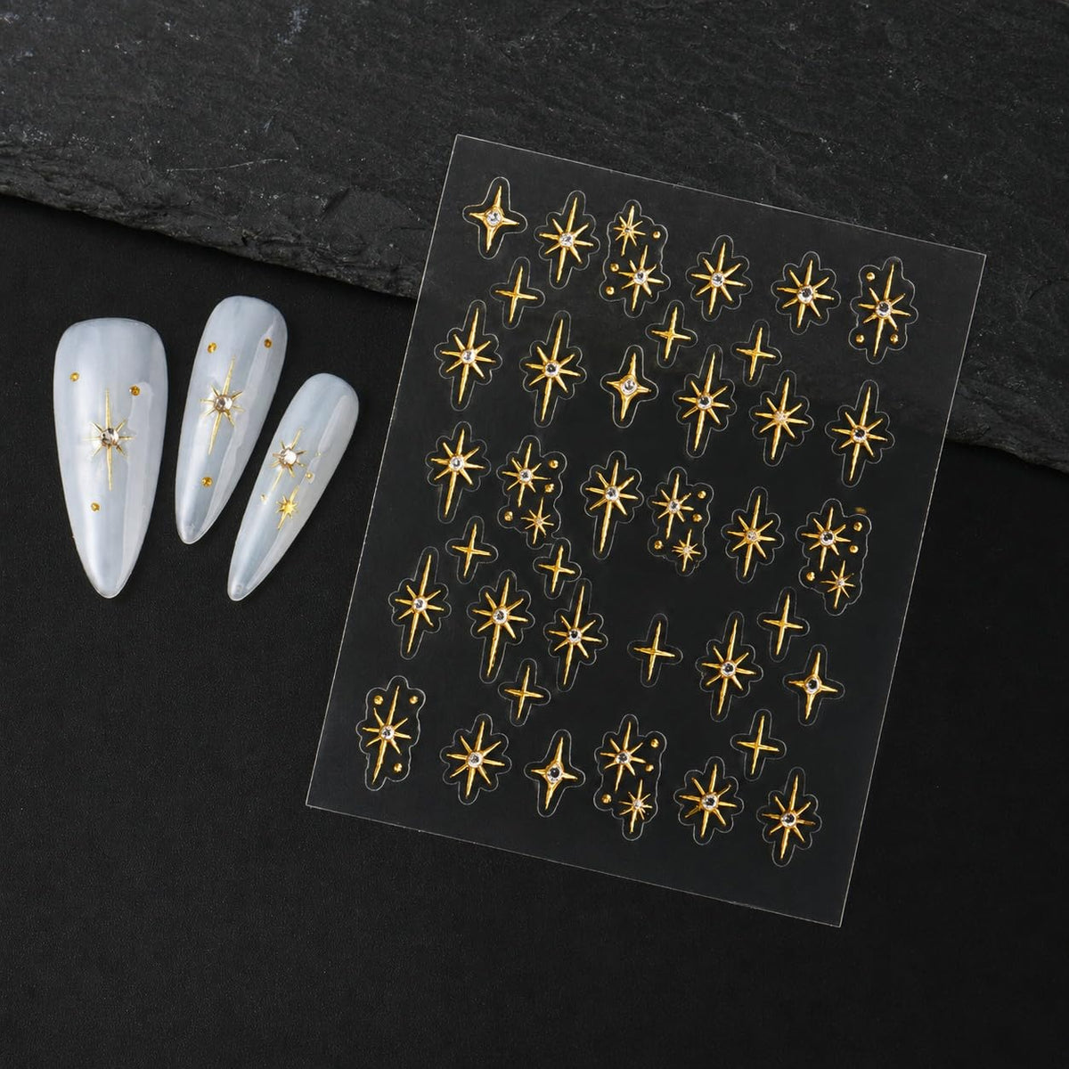 S.A.V.I 3D Star Nail Art Stickers with Rhinestones, Gold & Silver | Self Adhesive, 2 Sheets, 6 x 8 cm Each, DIY Manicure, Salon Style Finish