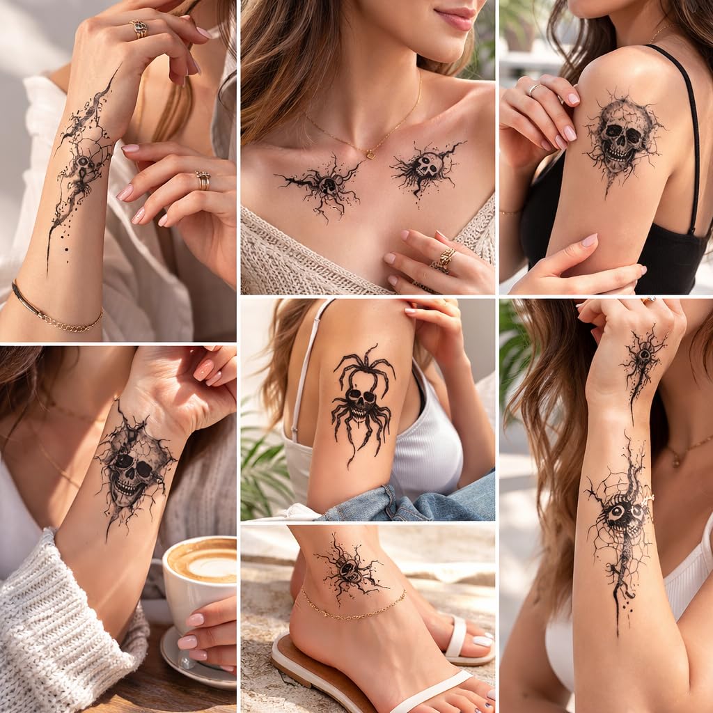 S.A.V.I 30 Sheets Black Spider & Skull Temporary Tattoos (5.7 x 9.7 cm) – Gothic Web, Evil Eye, Horror Body Art Stickers – Waterproof, Non-Toxic Fake Tattoo for Men Women, Wrist Arm Ankle (#317)