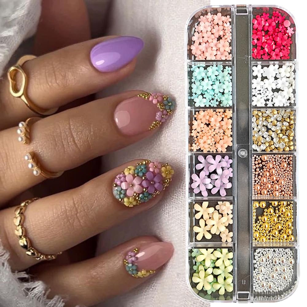 S.A.V.I 3D Flower Nail Art Decorations Set – 12-Grid Multicolor Acrylic Flowers, Crystals Gold/Silver Beads | Nail Charms for DIY, Manicure Professional Nail Art – Mixed Sizes for Salon Home Use