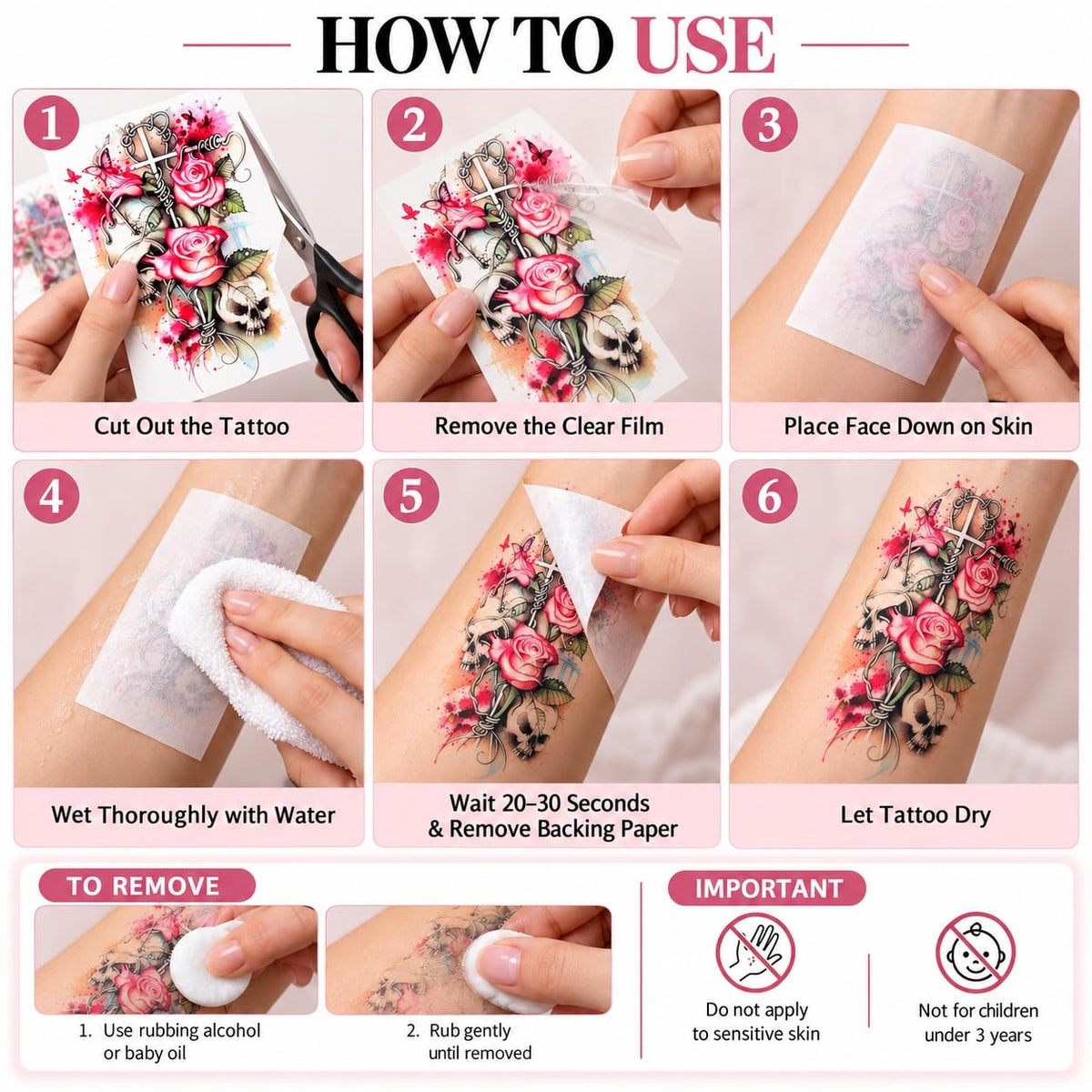S.A.V.I Temporary Tattoo Stickers Skull Rose, 3 Sheets, 15x21 cm