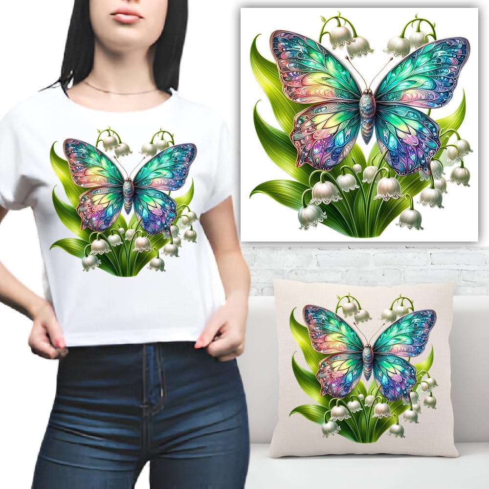 S.A.V.I Colorful Butterfly Iron-On Patch - 8.5x7.5 DIY Washable Applique for T-Shirts, Hoodies, Pillows Jeans - Lily of The Valley Design, No Sewing Required