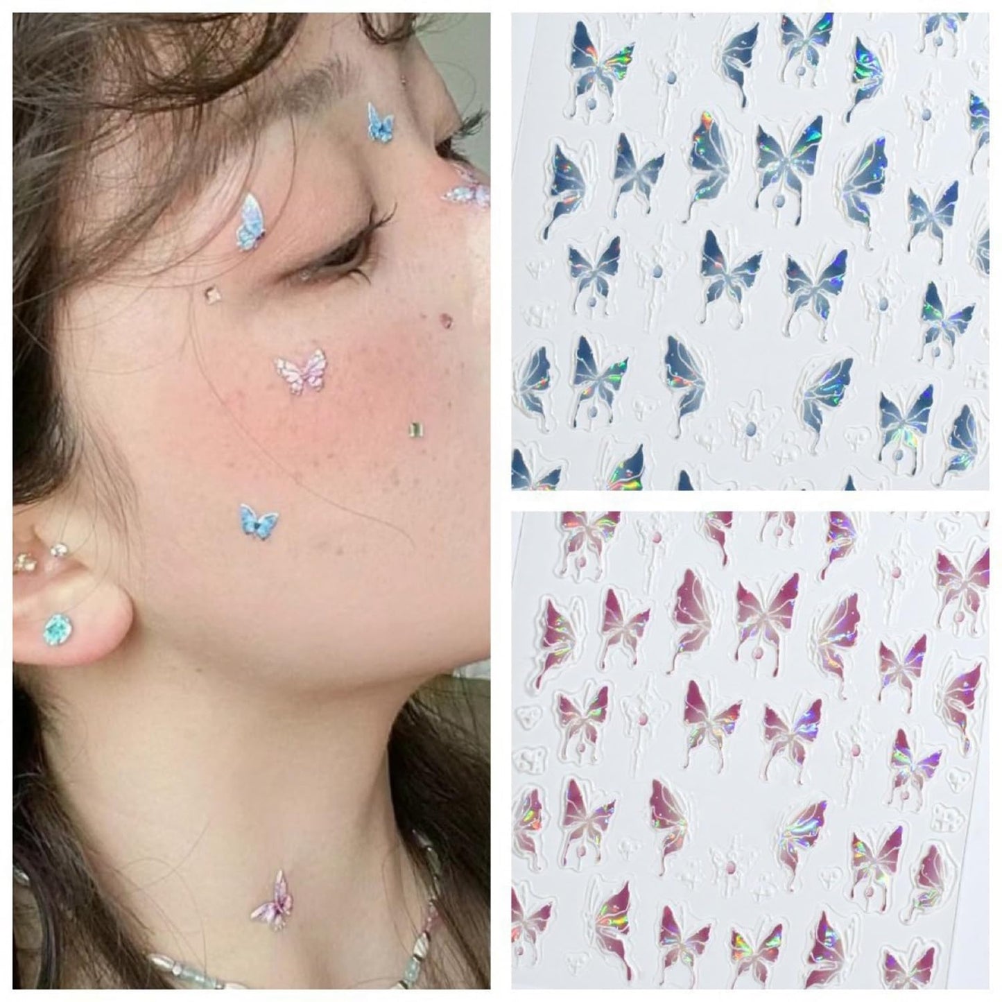 S.A.V.I 2 Sheets - 3D Butterfly Nail Art Stickers, Pink & Blue Holographic Self-Adhesive Decals, Waterproof Acrylic Decorations for Women and Girls