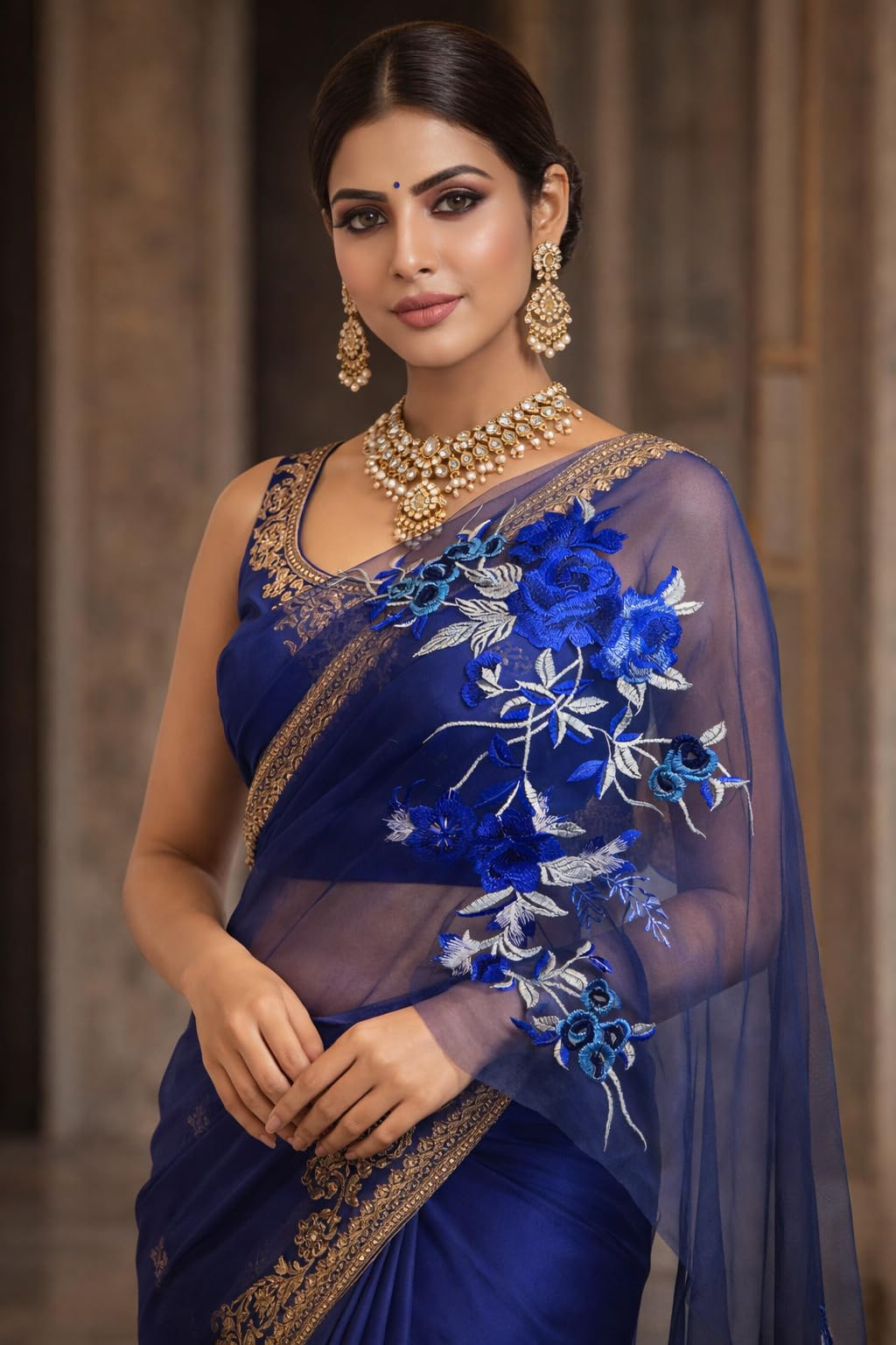 S.A.V.I Royal Blue Floral Lace Applique Patch 21 x 50 cm | Net Fabric Rose Design | Sew-On Embellishment for Saree, Gown, Lehenga & Blouse (Royal Blue)