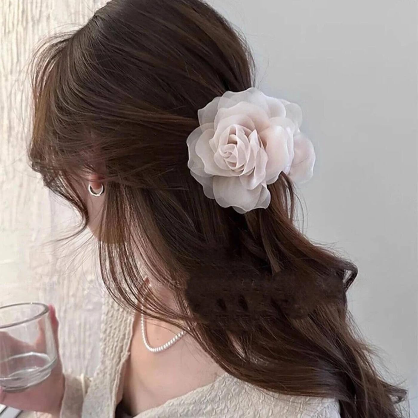 S.A.V.I Pale Pink Rose Hair Claw Clip for Women & Girls (9 cm) | Large Floral Net Fabric Hair Accessory | Strong Hold Elegant Updo Clutcher for Party, Wedding, Daily