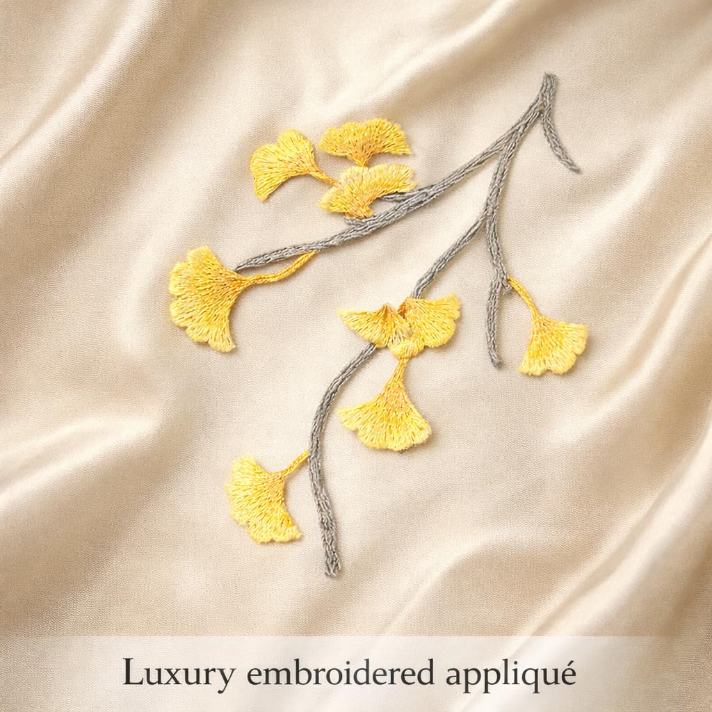 S.A.V.I Iron-On Embroidered Ginkgo Leaf Appliqué Patch Yellow Grey Floral Branch Design Fabric Embroidery 12.7 x 17.9 cm for Dresses Sarees Kurtis DIY Craft (Right)