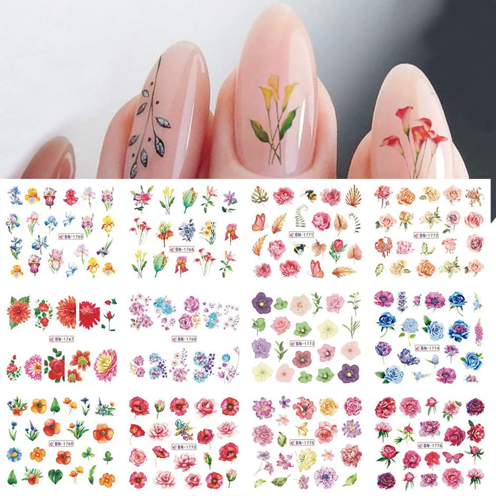 S.A.V.I 12 Sheets Water Transfer Flower Nail Stickers - DIY Manicure for Trendy Women Girls - Fashionable Nail Art Decals