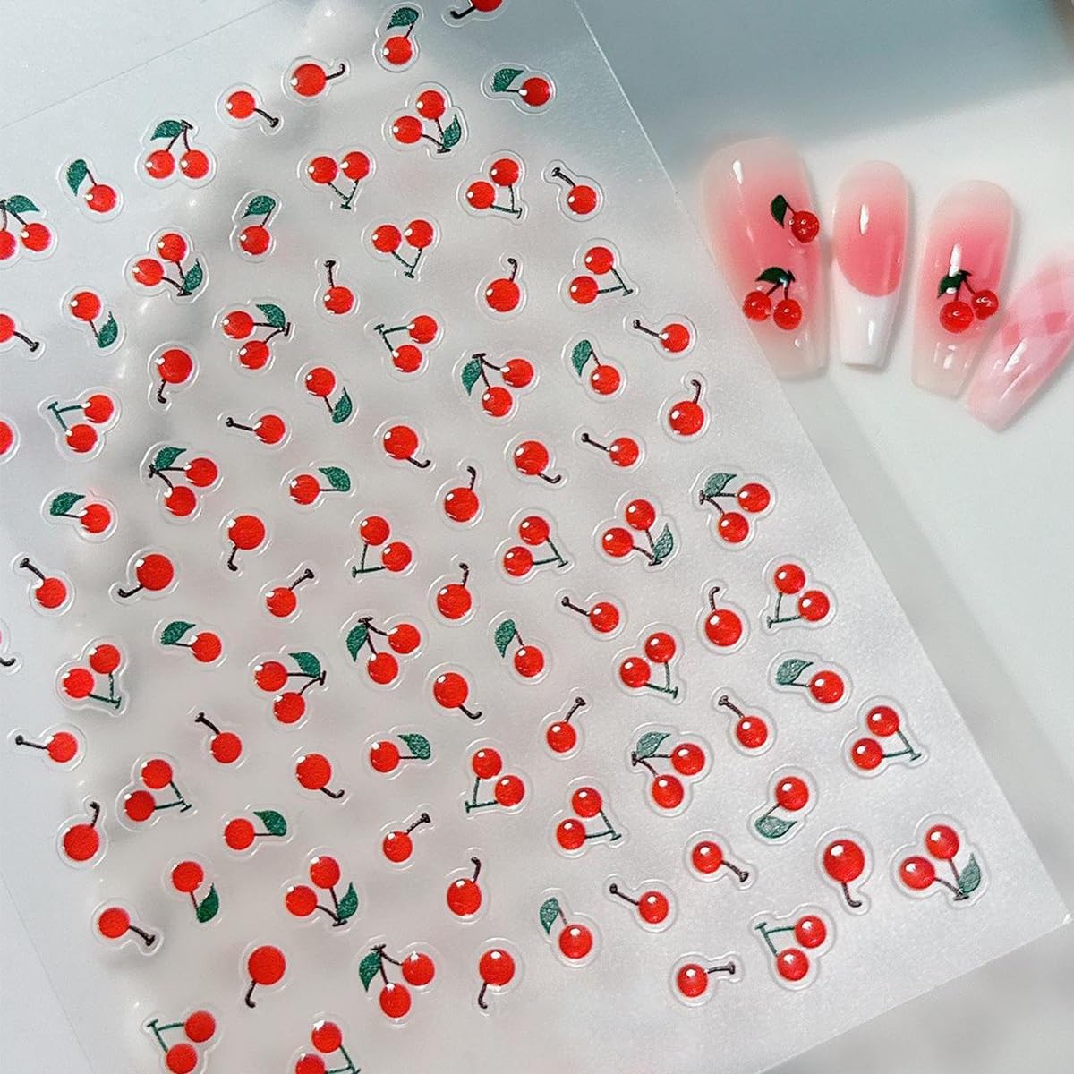 S.A.V.I 1 Sheet - 3D Jelly Cherry Nail Stickers 10x8 cm | Bright Red Cute Fruit Design | Self Adhesive DIY Nail Art Decals | Glossy Resin Manicure Accessories for Women & Girls