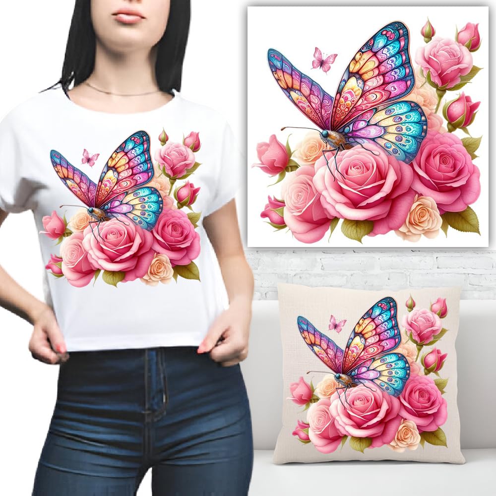 S.A.V.I 1PC Butterfly Rose Iron-On Heat Transfer Patch for T-Shirts, Hoodies, Jeans | 8.5x7 Inch Washable DIY Applique Sticker | Colorful Floral Design | Easy to Apply