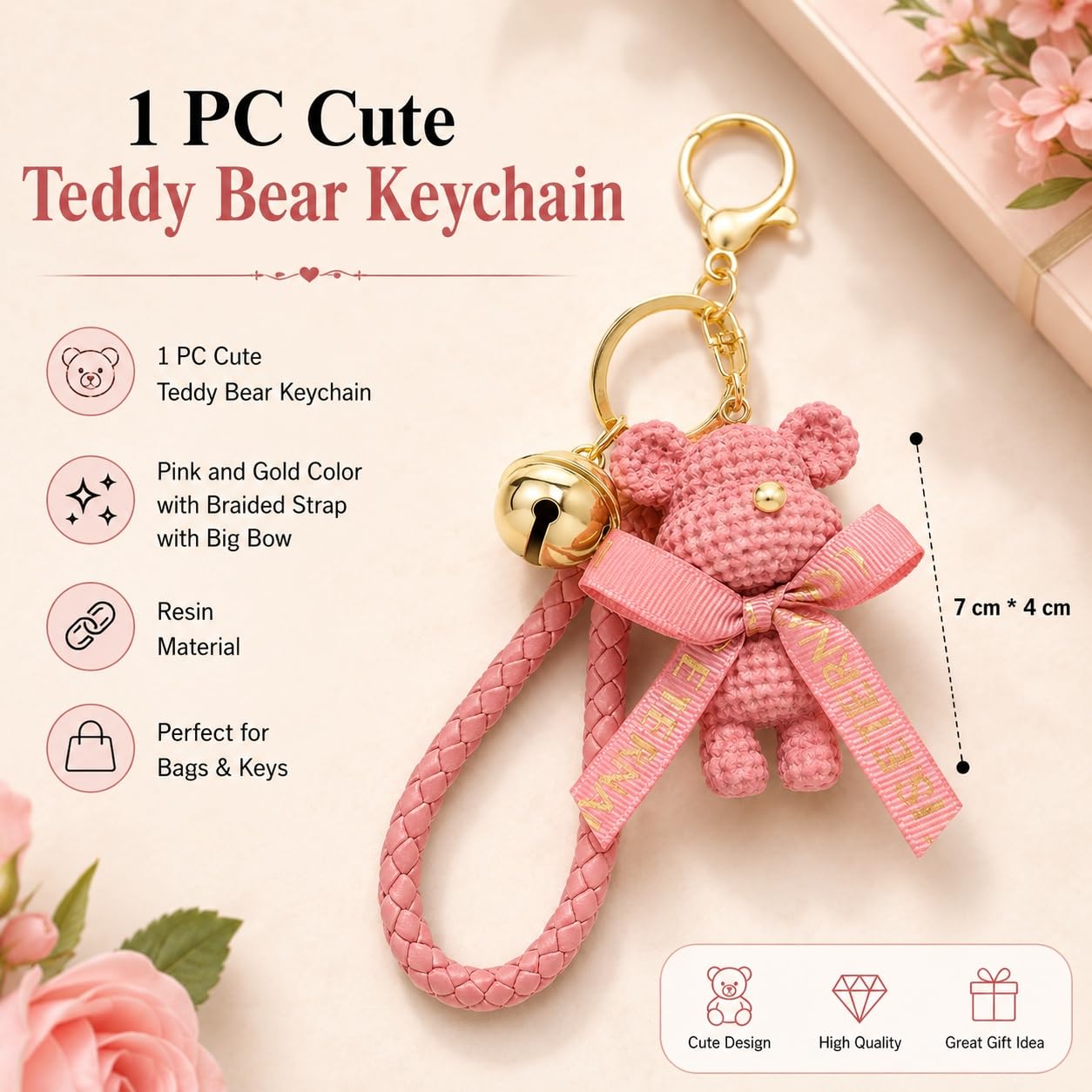 S.A.V.I Teddy Bear Keychain Pink Bag Charm with Gold Tone Bell | Braided Wrist Strap, Resin Finish, 7 x 4 cm, for Keys & Backpack, for Women & Girls