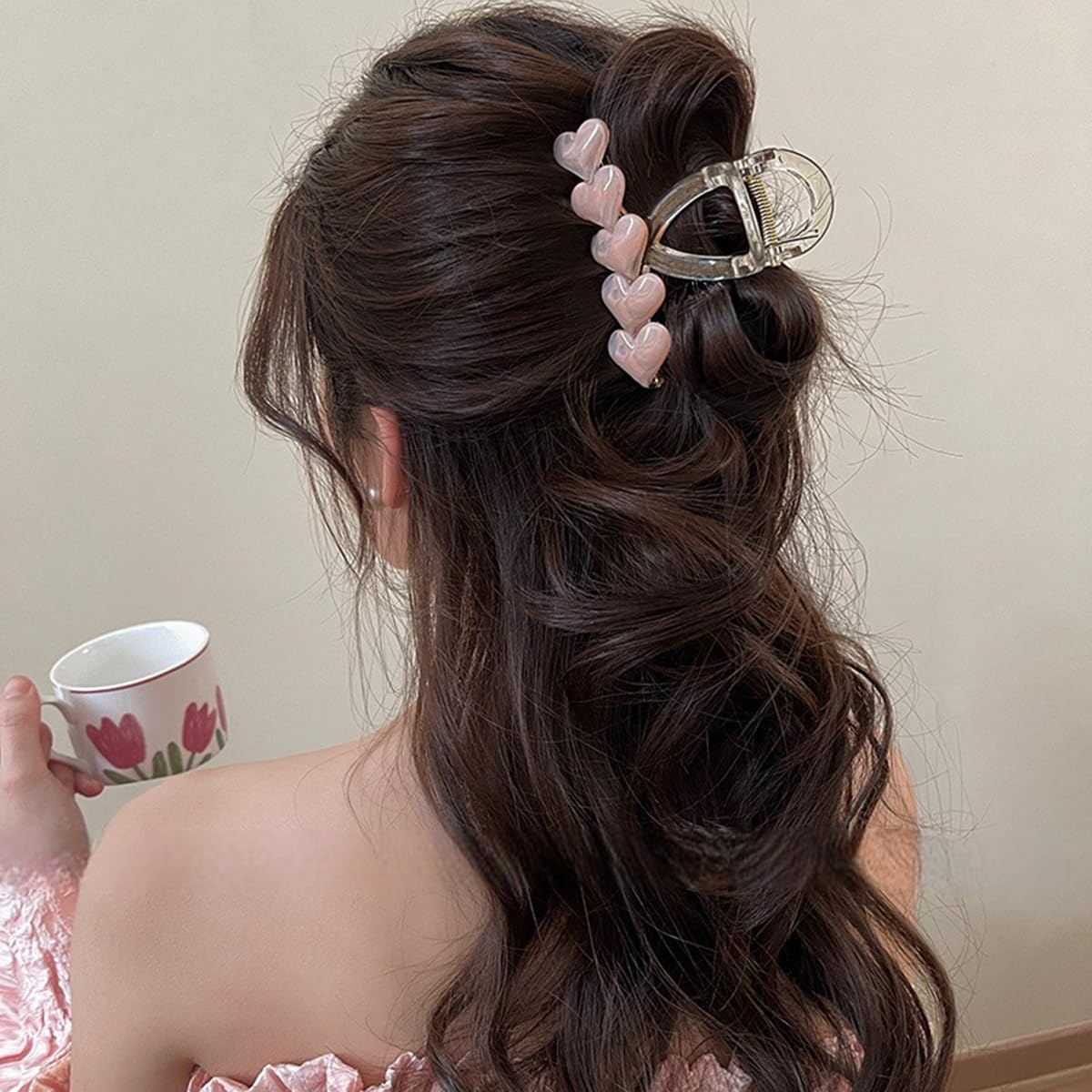 S.A.V.I Heart Design Hair Claw Clip for Women & Girls | Pink Marble Acrylic Large 8cm Clutcher | Strong Grip U-Shape Stylish Hair Accessory for Thick Hair Daily & Party