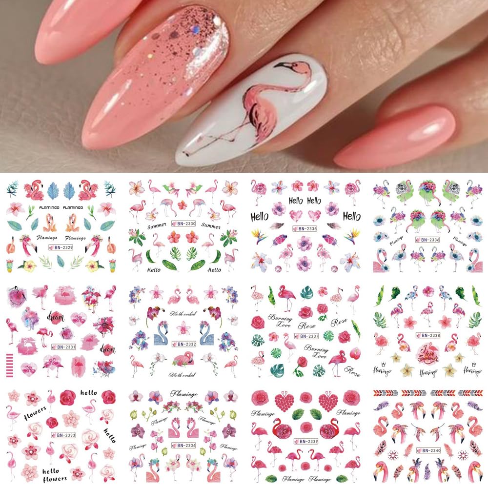 S.A.V.I 12 Sheets Nail Art Water Decals Stickers - Floral Flamingo Designs, Easy Transfer, Long-Lasting, Perfect for DIY Nail Decorations, Manicure, Pedicure Salon Use - Trendy Summer Collection