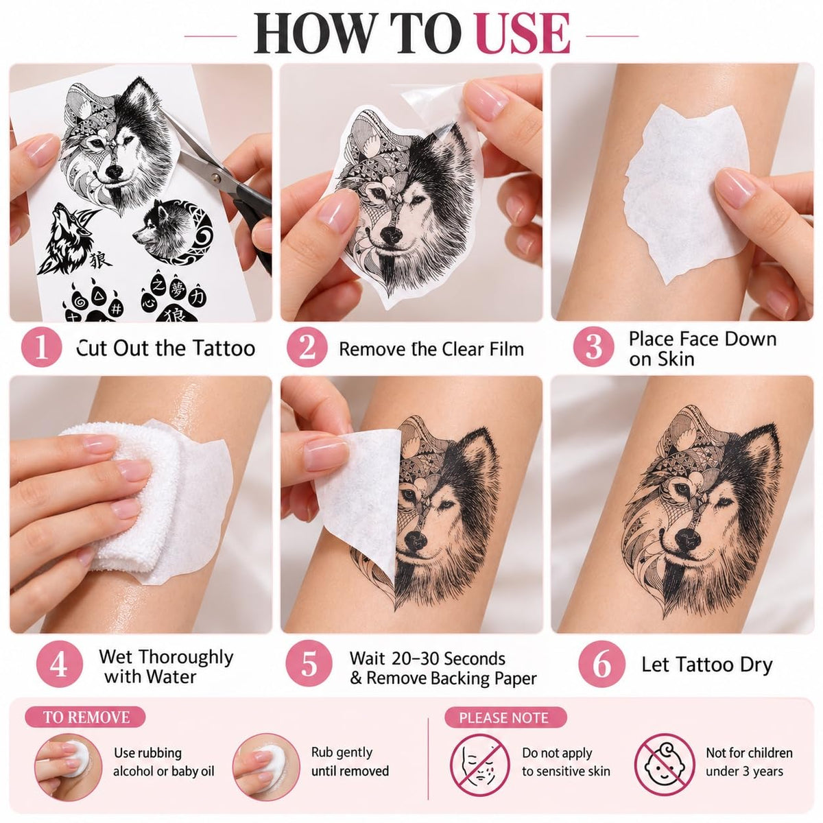 S.A.V.I Temporary Tattoo Stickers Lion Wolf Cross, 3 Sheets