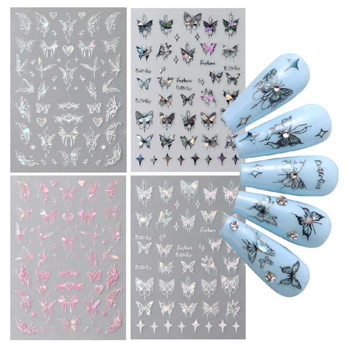 S.A.V.I 4 Pcs Holographic Butterfly Nail Art Stickers, Self-Adhesive Multicolor Butterfly Nail Decals for DIY Manicure, Easy Nail Decoration (Silver, Pink, Black) - Long-Lasting Easy to Apply