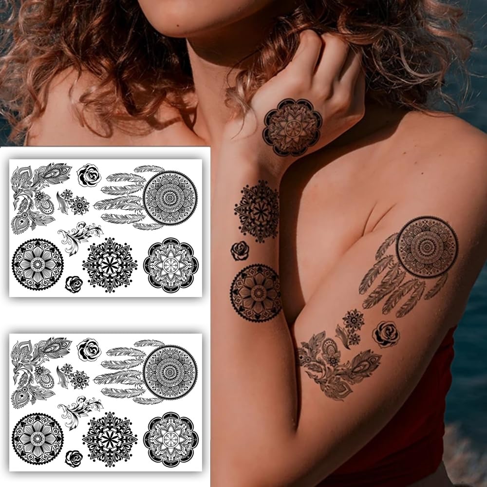 S.A.V.I 2 Sheets - Black Large Mandala Dreamcatcher Tattoo Sticker, Floral Design, 21x15 cm for Women Girls