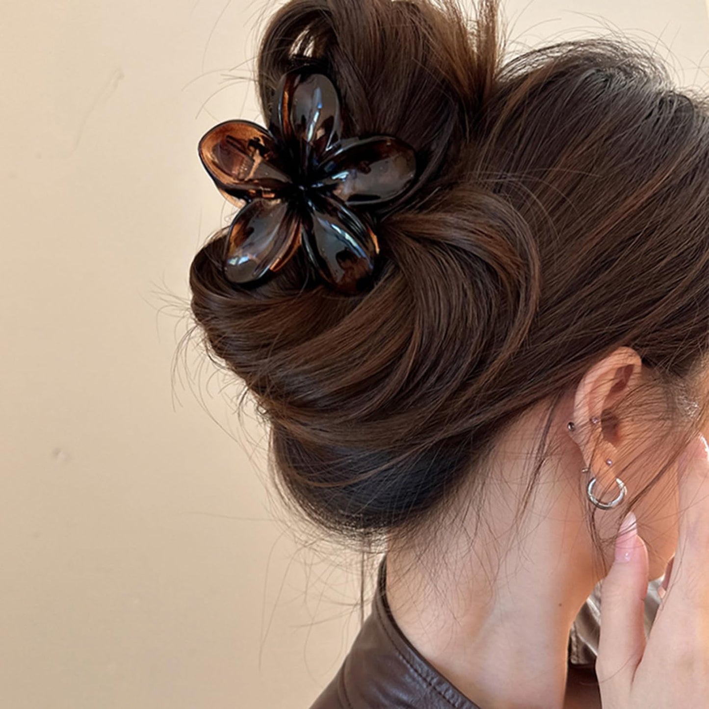 S.A.V.I Hair Claw Clips Set of 3, Bow Flower & Shell, 7-8 cm, Brown Tortoise & Pink, Strong Acrylic Grip for Thick & Medium Hair, Everyday