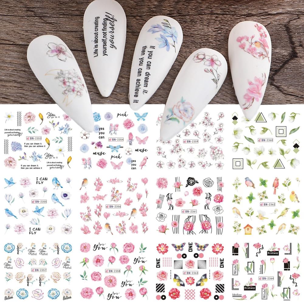 S.A.V.I 12 Sheets Floral Water Transfer Nail Art Stickers | Butterfly, Bird Rose Designs | DIY Nail Decals for Manicure | Vibrant Nature Patterns | Easy-to-Use Nail Accessories for Women Girls