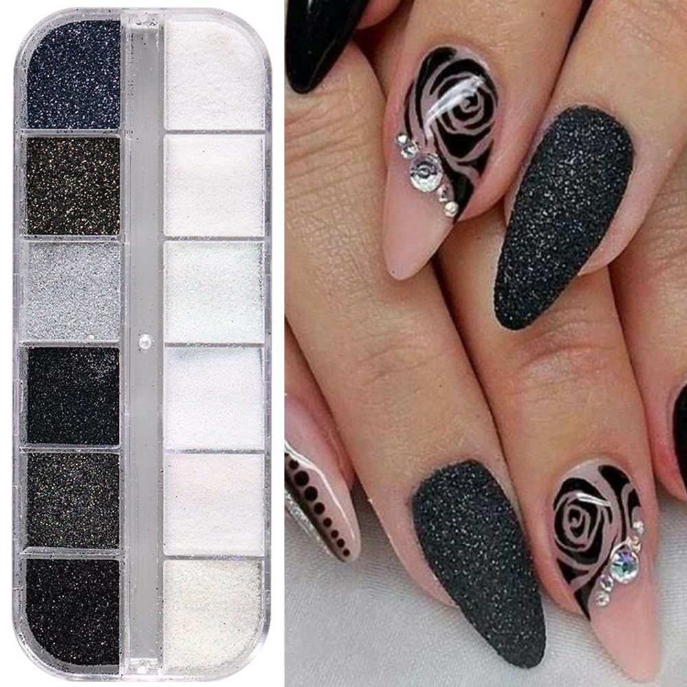 S.A.V.I 12 Grid White Black Sugar Powder Glitter Nail Art Kit | Sparkle Powder for Winter Nails | Shimmer Nail Accessories | DIY Nail Design | Long-Lasting Shine | Easy Application | 1 Box