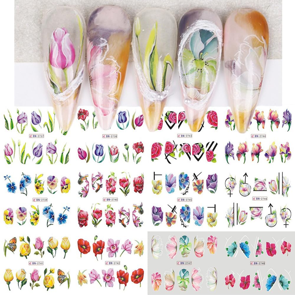 S.A.V.I 12 Sheets Big Floral Water Nail Decals Stickers – Vibrant Flower Nail Art Designs for Manicure, Easy-to-Use Water Transfer Wraps for Stylish Elegant Nails, DIY Salon at Home
