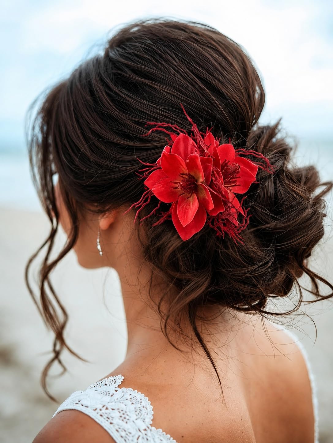 S.A.V.I Red Floral Hair Clip Barrette for Women & Girls | 10 x 7 cm Size, Fabric & Plastic Bloom, Bridal & Party Styling, Beach & Festive, Wedding Accessory