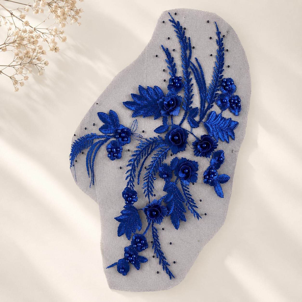 S.A.V.I Royal Blue Floral Embroidery Patch Sew-On Applique 34x25cm|Beaded Lace Motif, Mesh Fabric for DIY Saree, Kurti, Gown, Blouse, Jacket & Costume Customization
