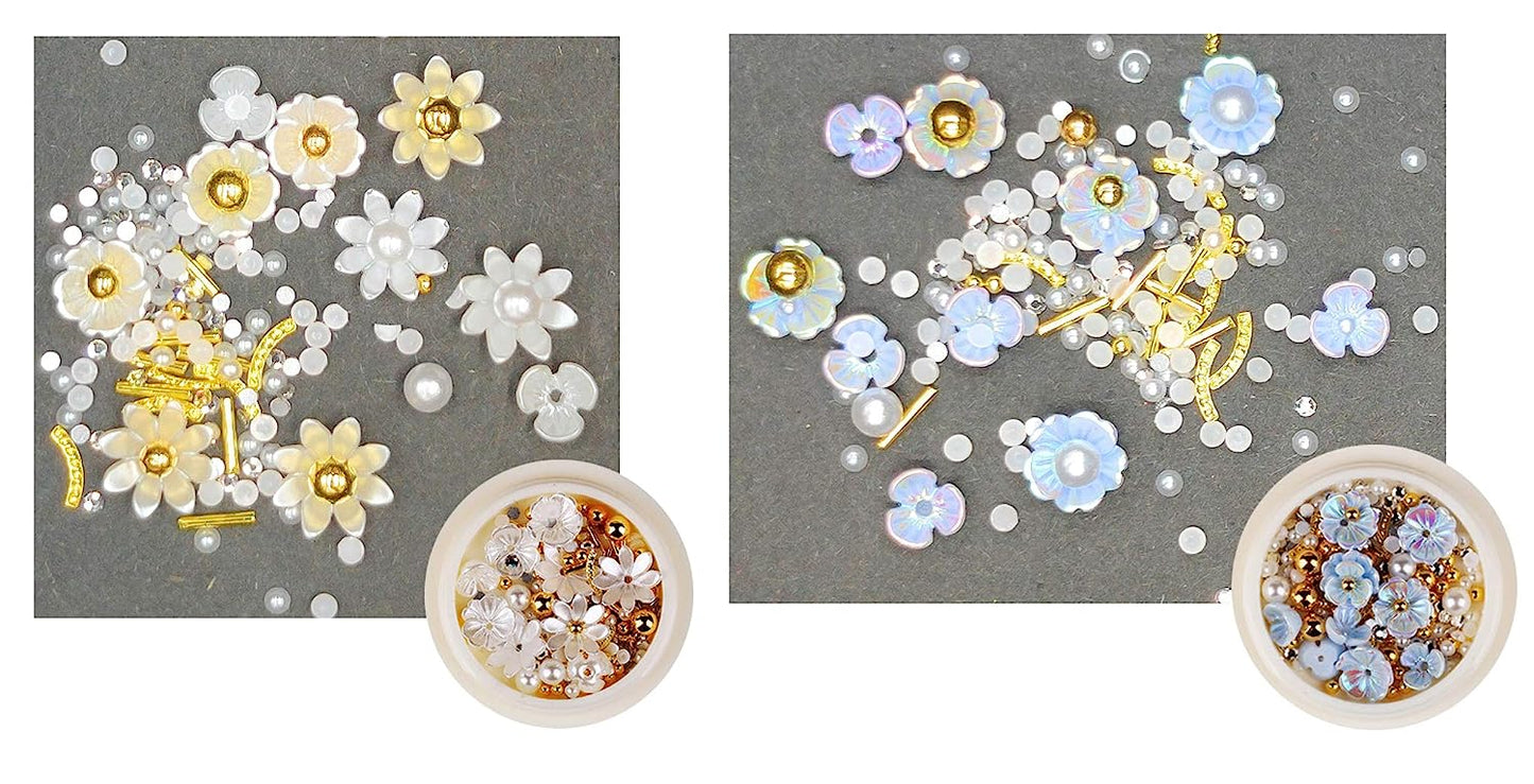 S.A.V.I (Set of 2) Nail Art Set Rivet Rhinestone Resin Decoration Shell Flower Blue and White with Pearls Golden Beads Mixed Sizes For Manicure
