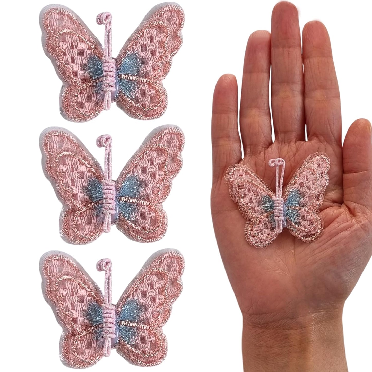 S.A.V.I 3D Pink Butterfly Applique Patches (3PCs) – Mesh Lace Sew-On Embroidery for DIY Craft, Bridal Wear, Lehenga, Saree, Blouse, Gown, Ethnic Dress Embellishment – 5.2x4.4cm Sewing Accessory (Pink)