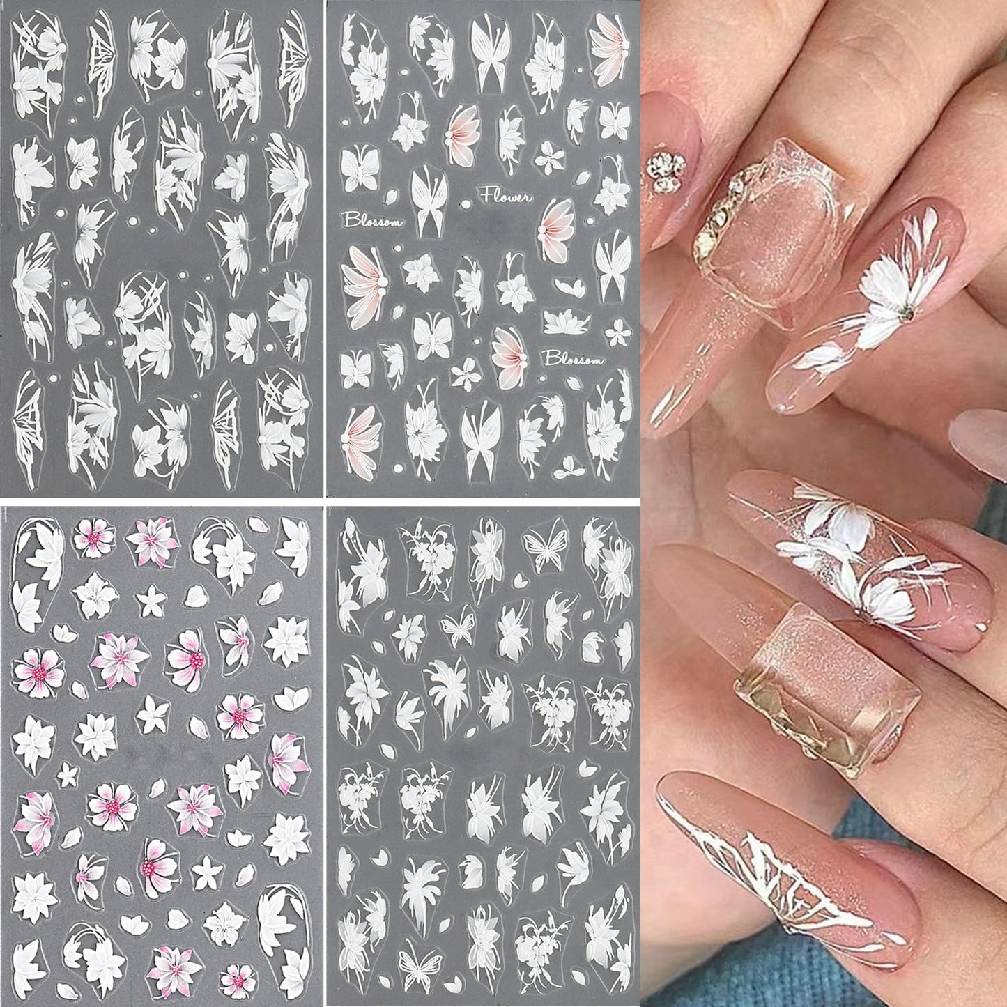 S.A.V.I 3D White Pink Floral Butterfly Nail Art Stickers (4 PCs) | Big Flower Self-Adhesive Decals, Acrylic Natural Nails | Waterproof, Long-Lasting, DIY Manicure Accessories for Women