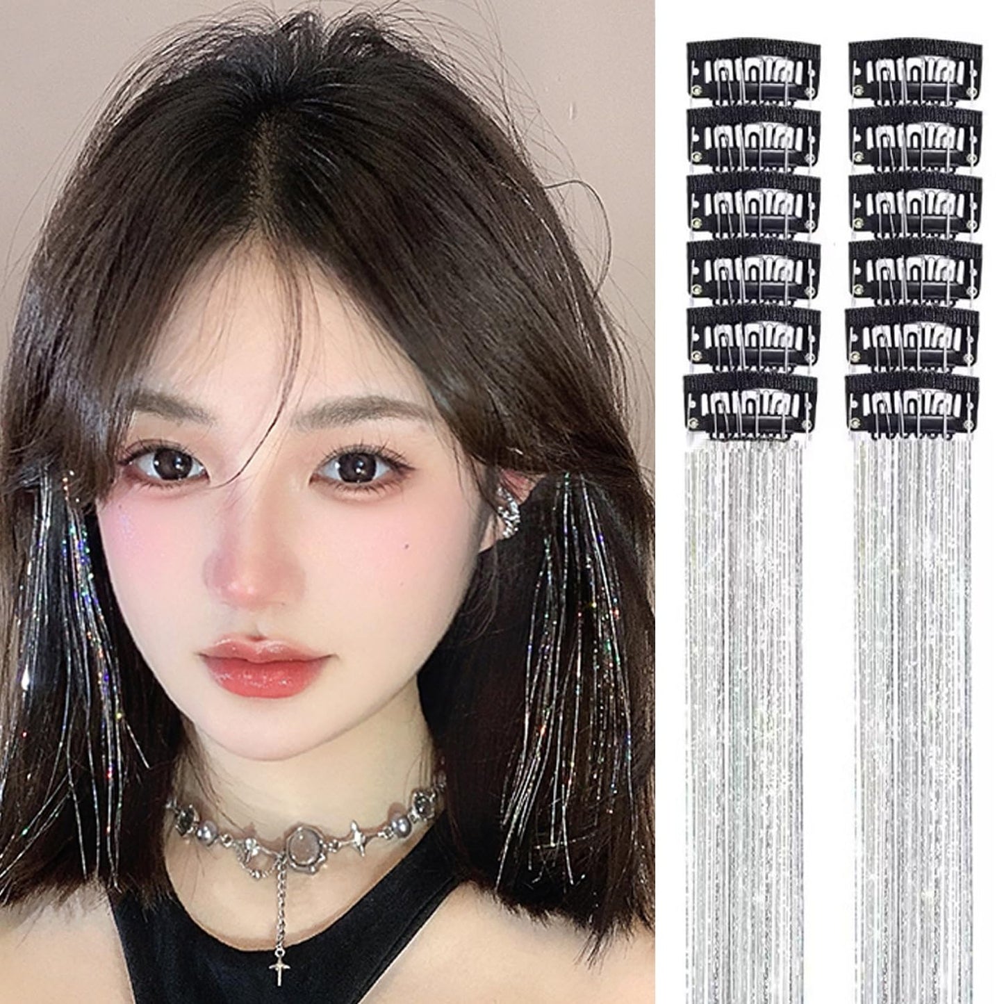 S.A.V.I Silver Glitter Hair Tinsel Clip-In Extensions 12 Pcs Pack | 50cm Shimmer Metallic Fairy Strands with Snap Clip | Reusable Sparkle Hair Accessory for Women, Girls, Parties & Festivals