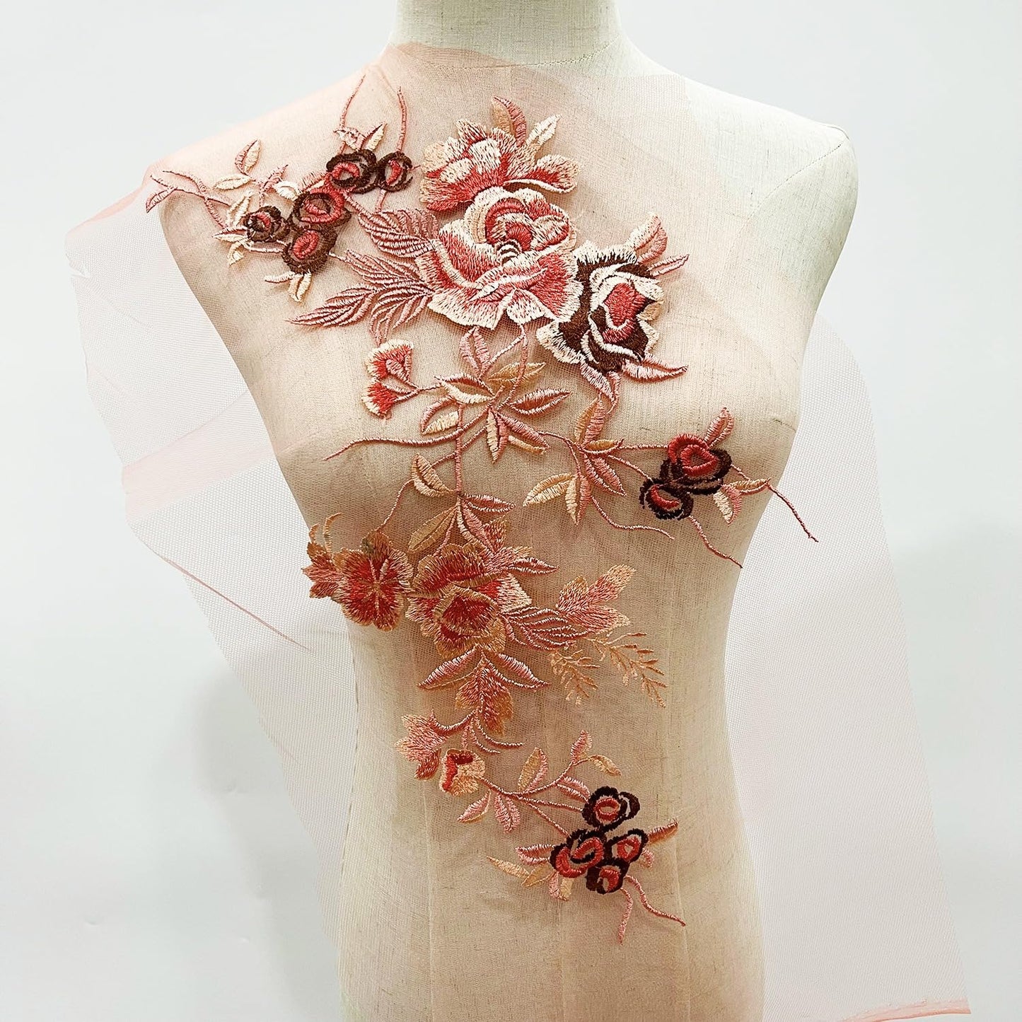 S.A.V.I 3D Floral Embroidered Applique Patch – Peach, Red Gold Lace (19.6x8.2 in) | Sew-On Mesh Fabric for DIY Bridal Wear, Lehenga, Saree, Blouse, Gown, Kurti, Dupatta Ethnic Craft Sewing Accessory