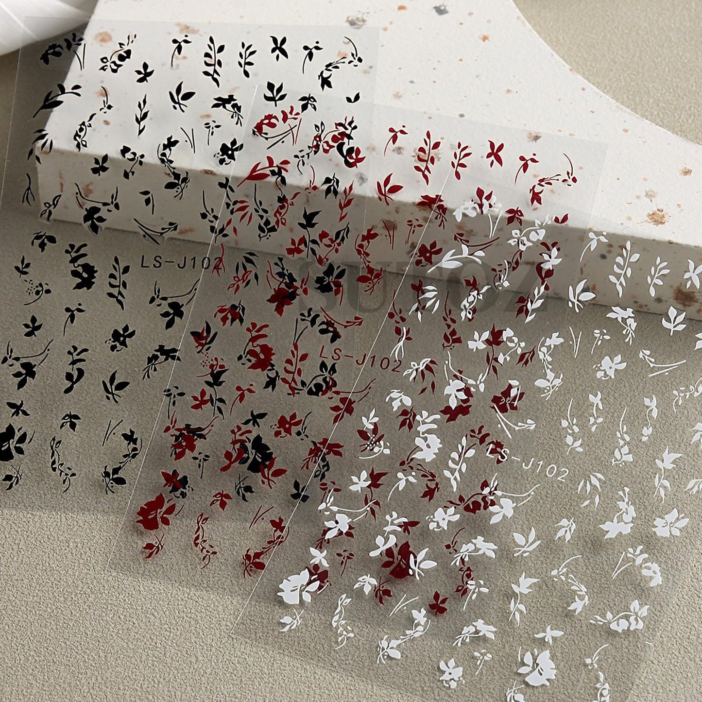 S.A.V.I 3 Sheets - Leaf Design Nail Art Stickers Self Adhesive Floral Nail Decals for DIY Manicure, Black White Red, Salon & Home Use