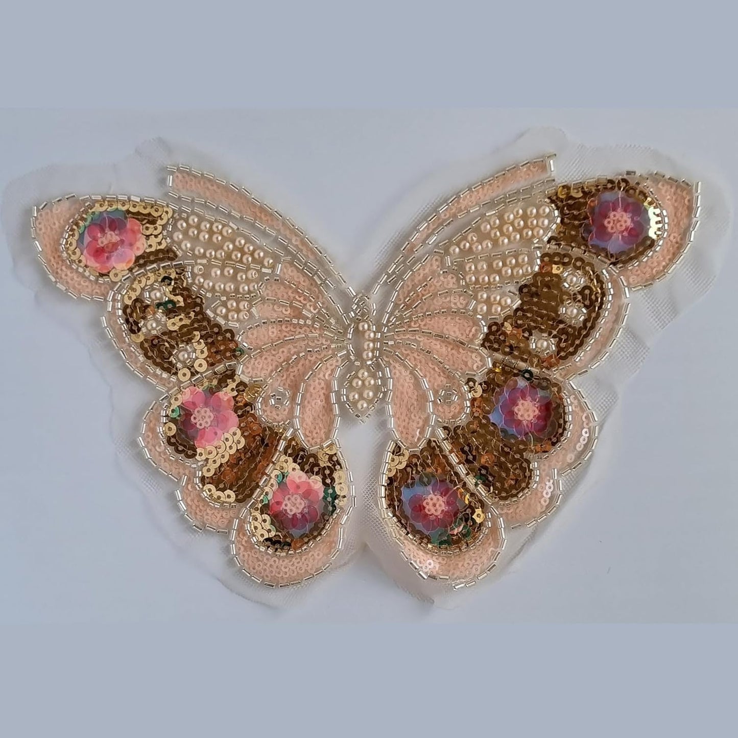 S.A.V.I 3D Butterfly Applique Patch – Gold Peach Mesh Lace, Embroidered with Sequins Beads (9.4x6.7 in) – Sew-On for Dresses, Bridal, Saree, Lehenga, Blouse, Gown, DIY Craft Ethnic Wear