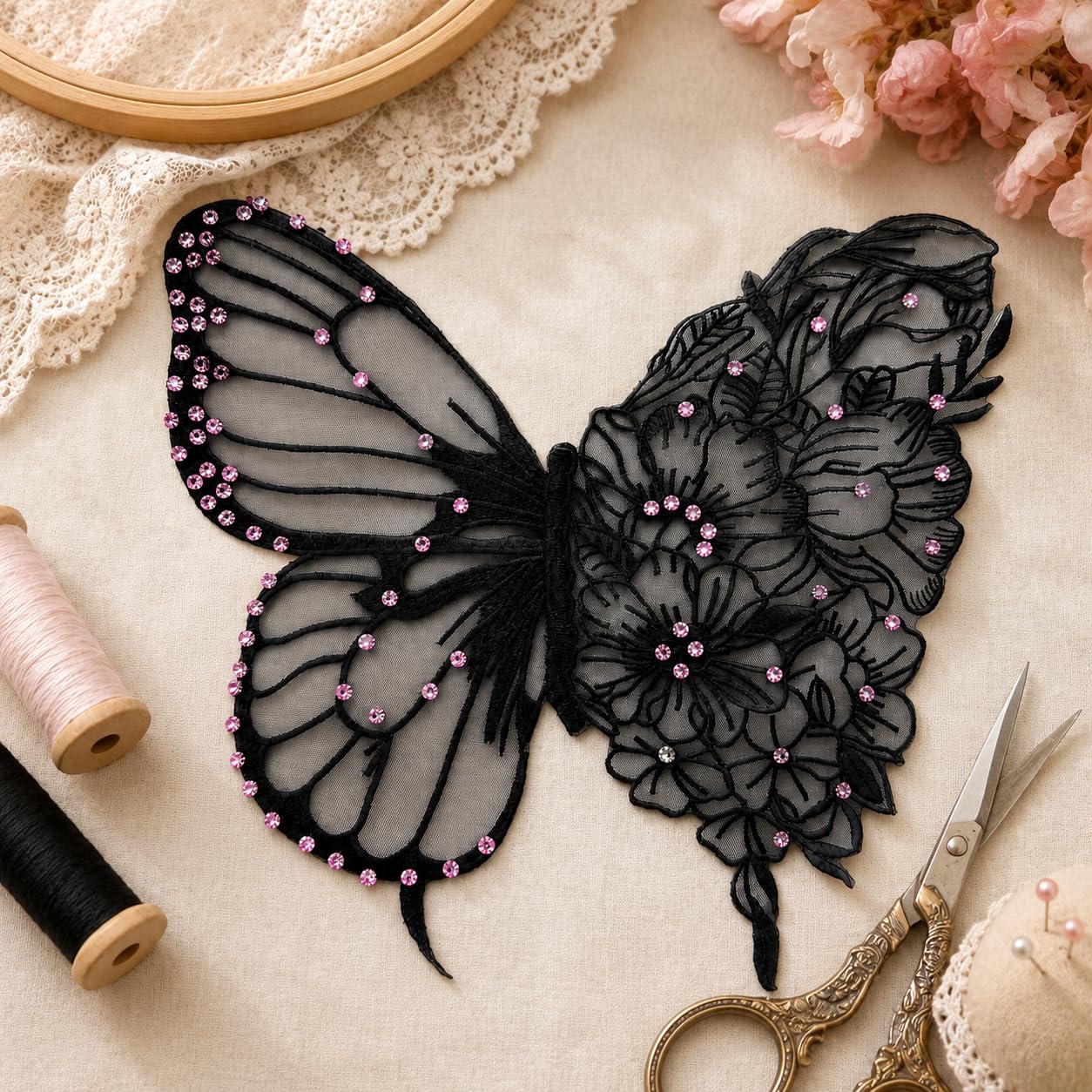 S.A.V.I Butterfly Embroidery Applique Patch Black Mesh Rhinestone Sew-On|Ultra Thin 35x32 cm Floral Lace Design for Kaftan, Dress, Blouse & Tops, Lightweight Decorative Craft Embellishment for Women