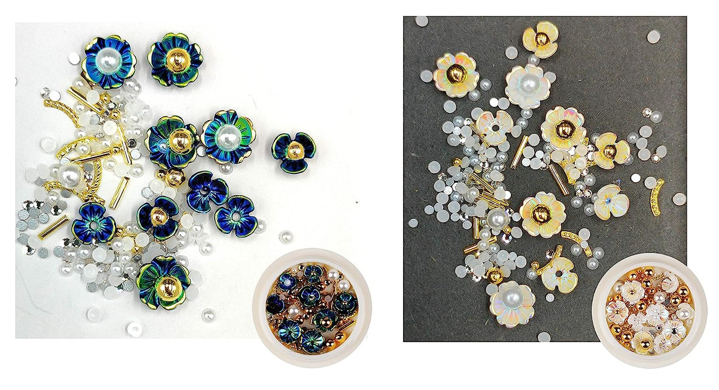 S.A.V.I (Set of 2) Nail Art Set Rivet Rhinestone Resin Decoration Shell Flower AB White Greenish Blue Pearls