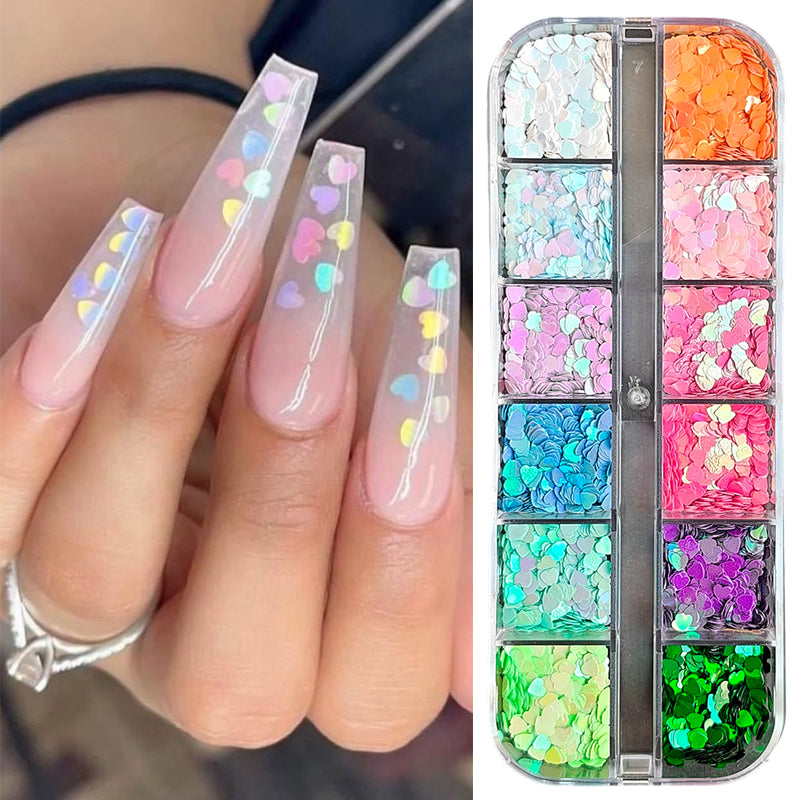 S.A.V.I Heart Nail Art Sequins - 12 Candy Laser Colors | Holographic 3D Nail Glitter for DIY Nail Decoration | Acrylic, Gel Manicure Nails | Nail Art Accessories for Women Girls