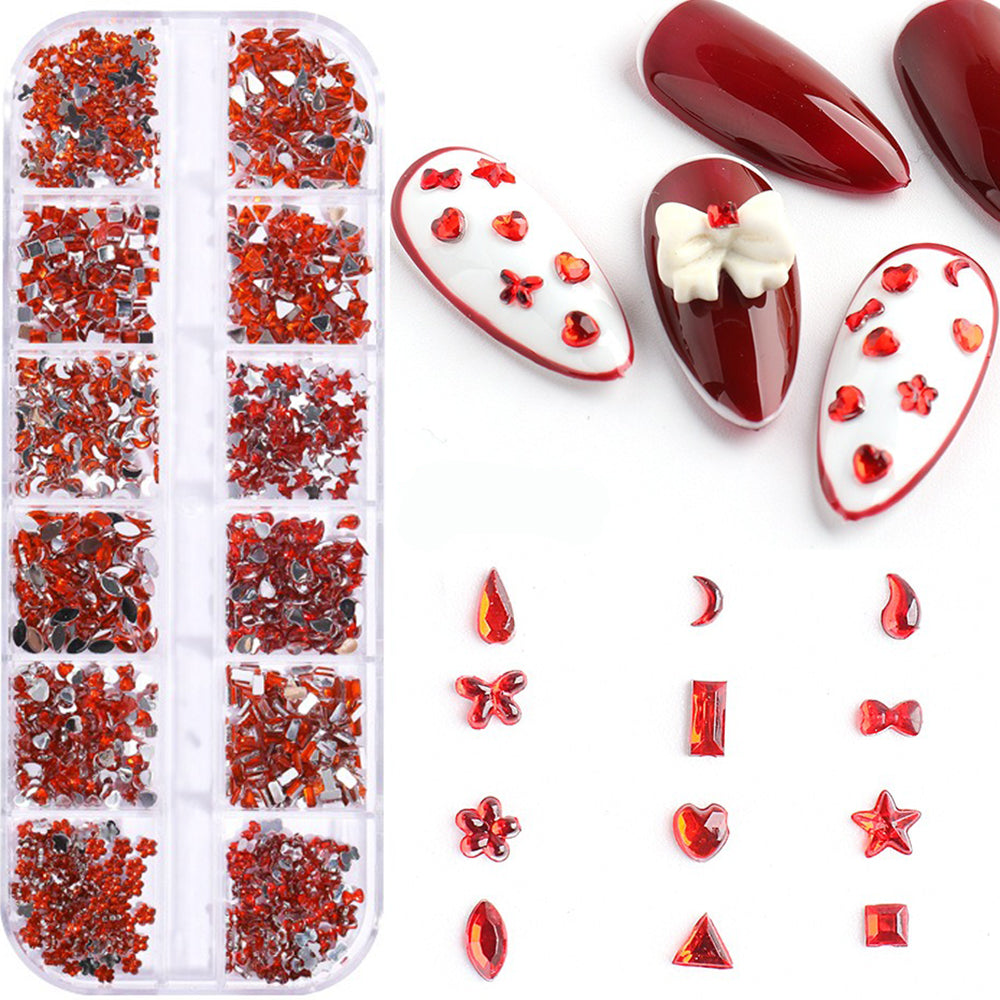 S.A.V.I Red Flatback Resin Rhinestones for Nail Art – 12 Unique Shapes (Heart, Star, Bow More) | Small DIY Nail Gems for Stunning Manicures | Sparkling Nail Decorations Craft Accessories – 1 Box