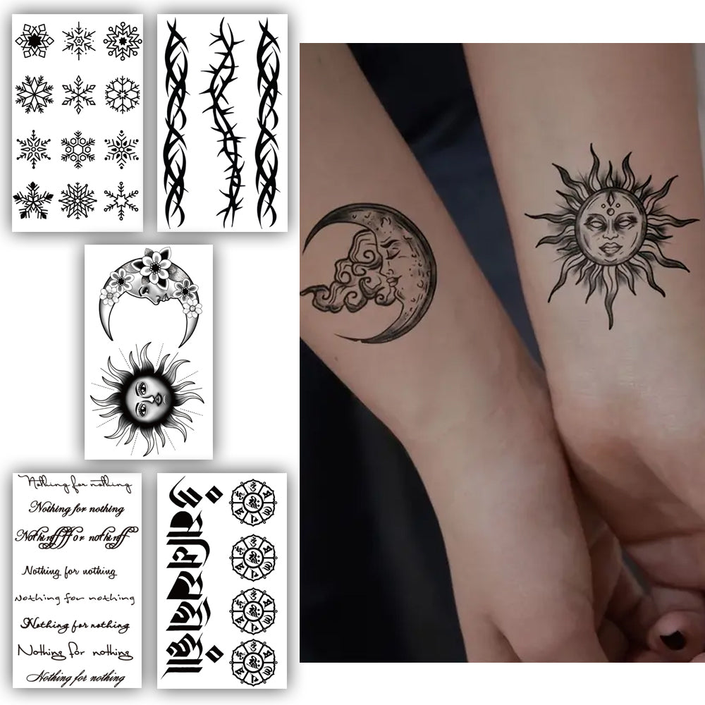 S.A.V.I 5 Sheets Waterproof Temporary Tattoos for Women Men - Tribal, Floral, Text Sun Designs - Easy to Apply Remove - Perfect for Parties Festivals - 10.5x6cm Each Sheet