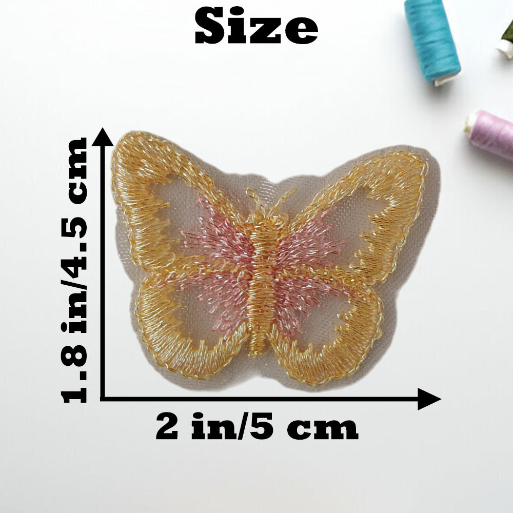 S.A.V.I 5PC 3D Blue Butterfly Applique Patch | Sew-On Mesh Lace Fabric Embroidery for DIY Dresses, Saree, Lehenga, Blouse, Gown, Bridal Wear Craft | Decorative Sewing Patch (2x1.8 in) (Yellow pink)