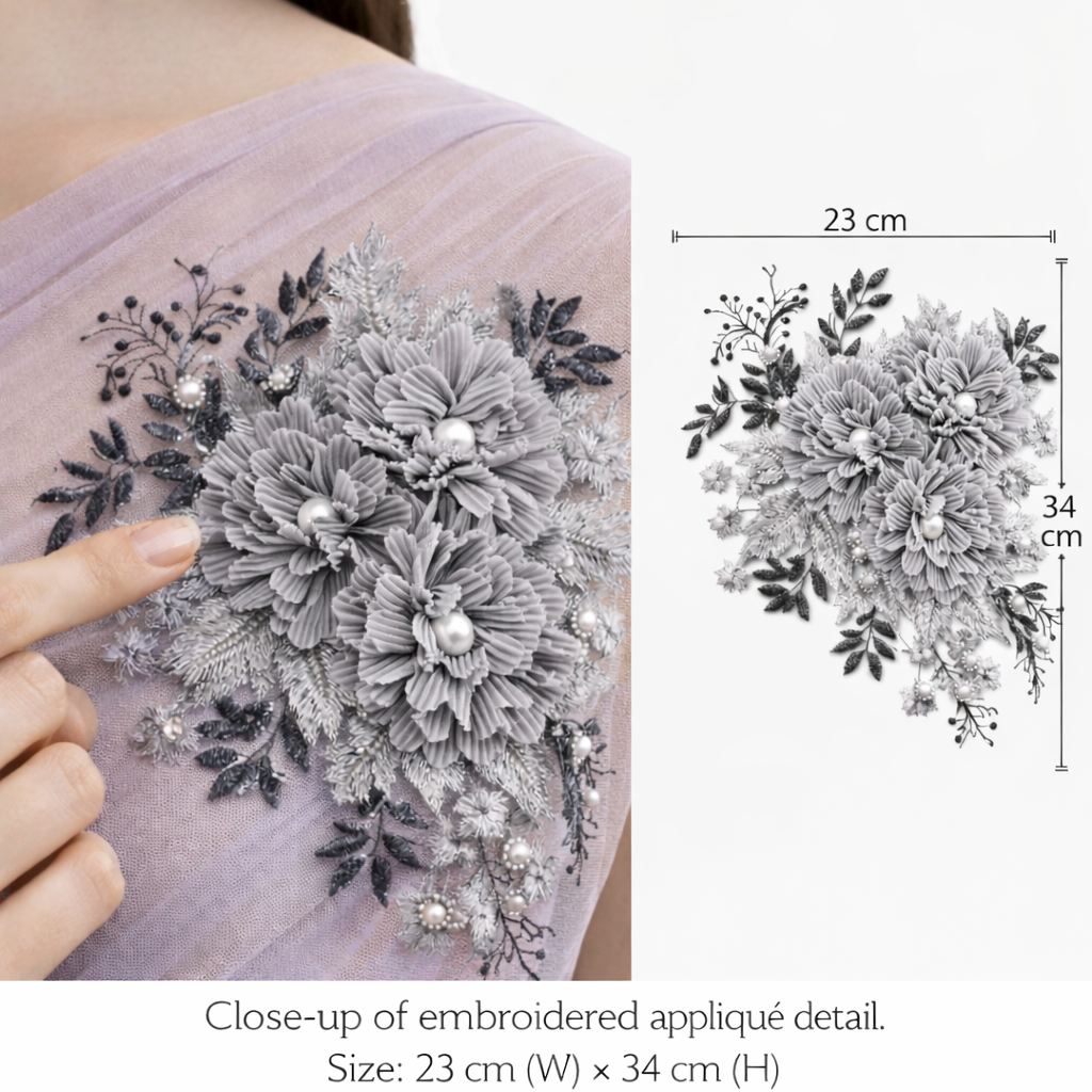 S.A.V.I 3D Grey Floral Embroidered Appliqué Patch with Pearl Beads | Premium Net Fabric Flower Motif 23x34 cm for Salwar Kameez, Gowns & Ethnic Wear