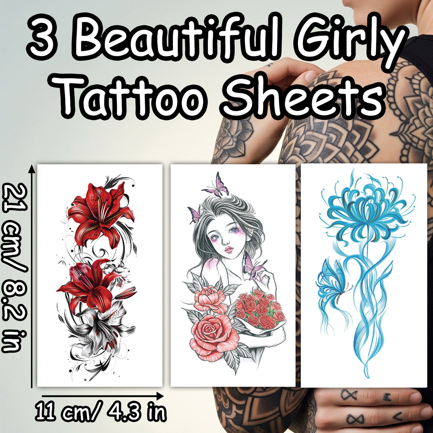 S.A.V.I 3 Sheets - Large Temporary Tattoos for Women & Girls – Waterproof Body Art Stickers | Red Floral, Butterfly Girl & Flower Design – 21x11 cm Safe & Non-Toxic Skin Tattoos (Mix)