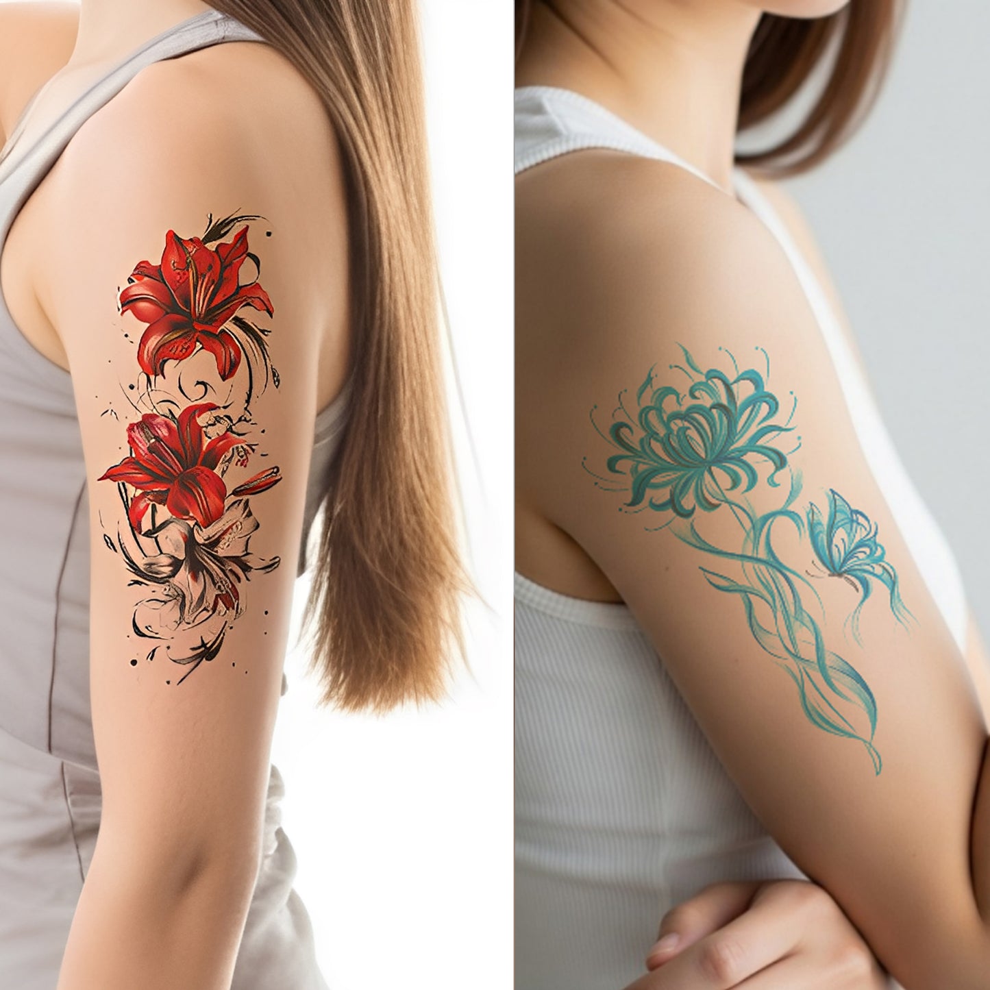 S.A.V.I 3 Sheets - Large Temporary Tattoos for Women & Girls – Waterproof Body Art Stickers | Red Floral, Butterfly Girl & Flower Design – 21x11 cm Safe & Non-Toxic Skin Tattoos (Mix)