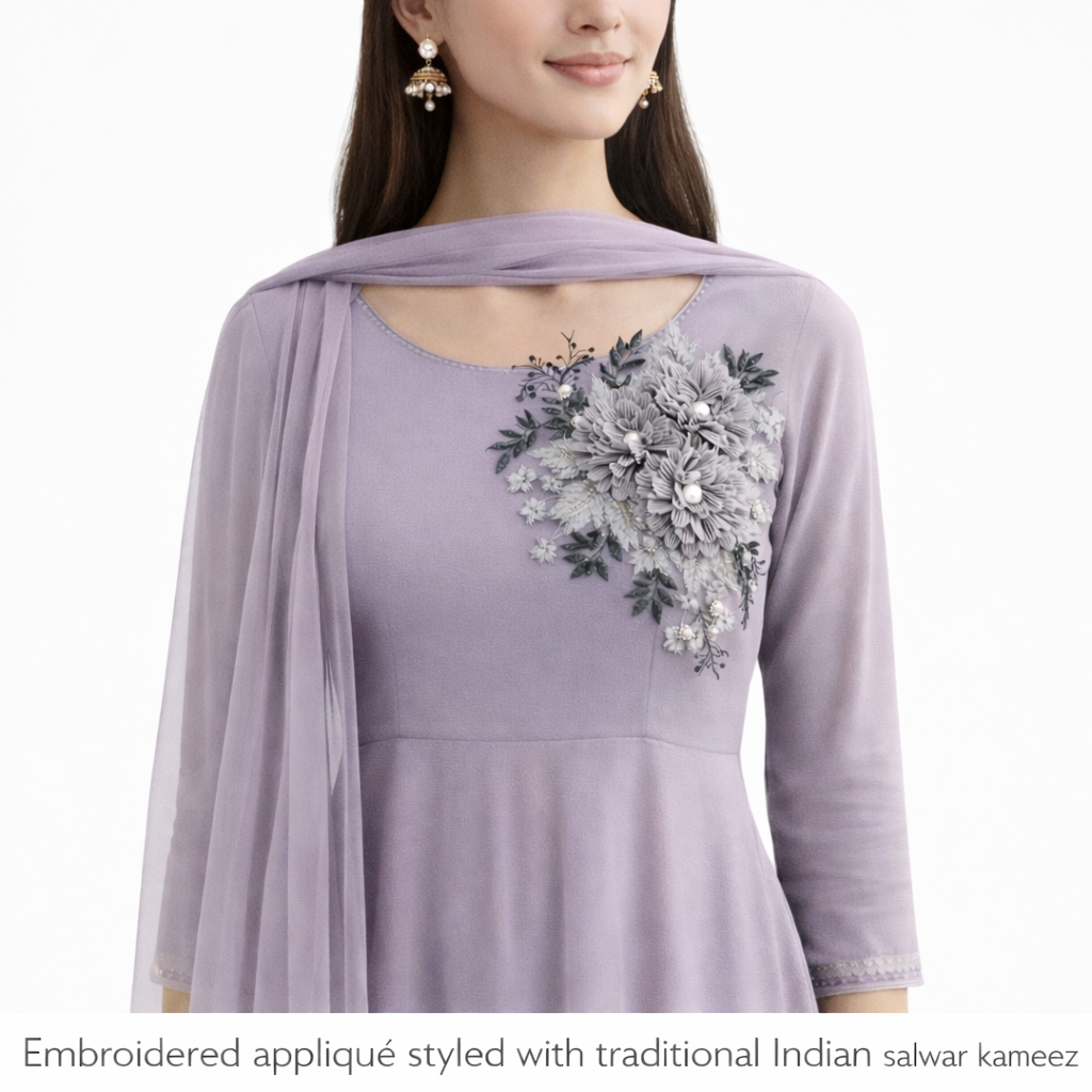 S.A.V.I 3D Grey Floral Embroidered Appliqué Patch with Pearl Beads | Premium Net Fabric Flower Motif 23x34 cm for Salwar Kameez, Gowns & Ethnic Wear