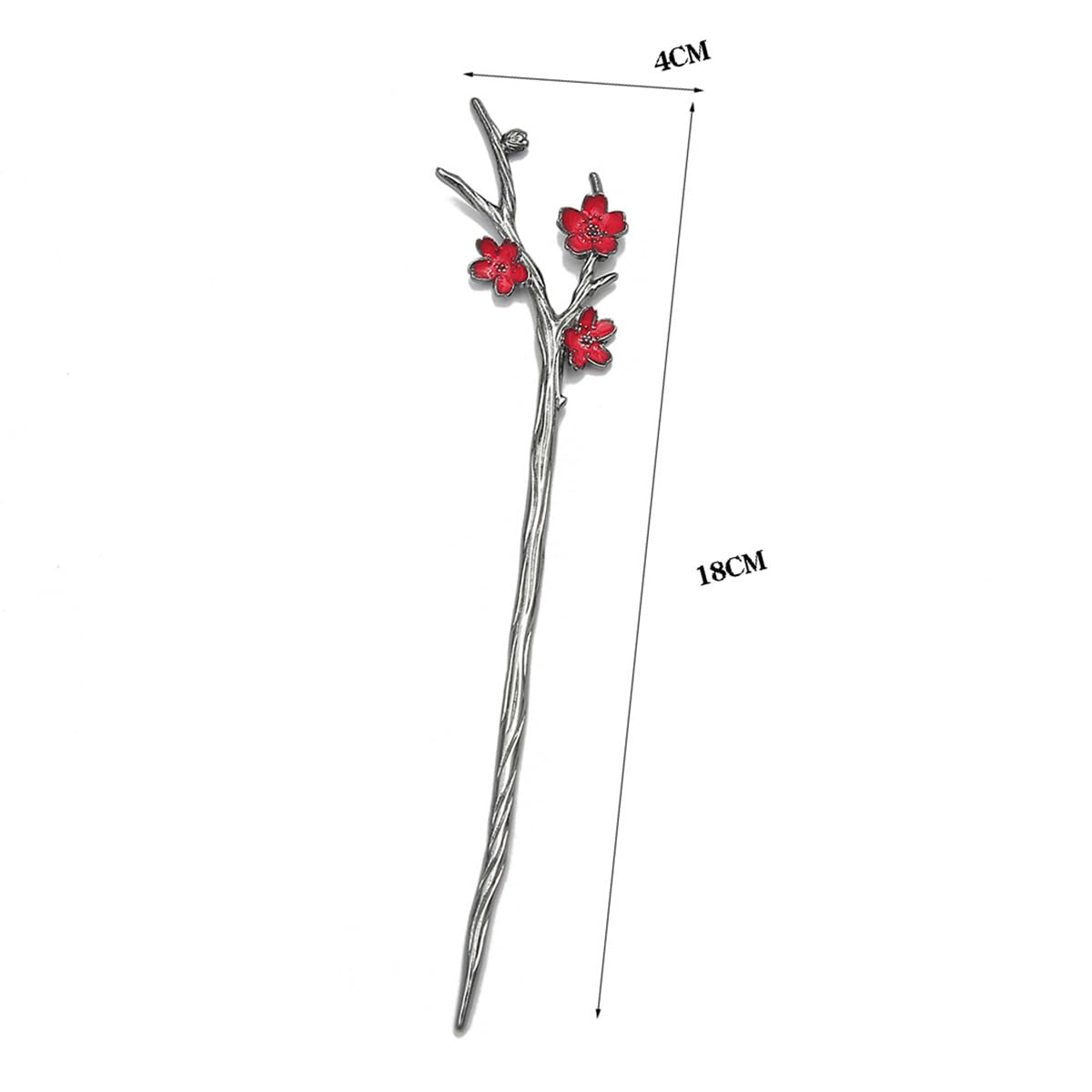S.A.V.I Floral Chinese Style Hair Stick for Women | Silver Tone Metal Bun Pin with Red Cherry Blossom Design | Handmade 18 cm Hair Accessory for Bridal, Party, Wedding & Ethnic Wear
