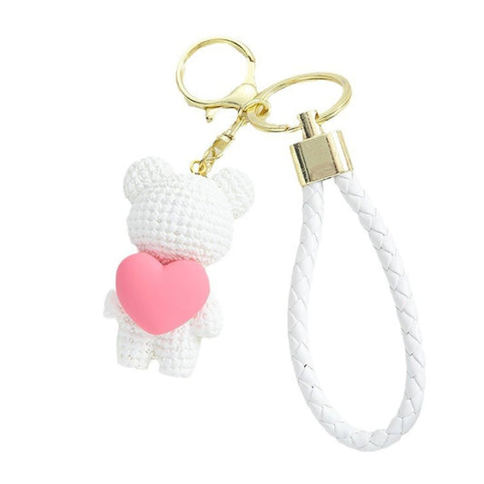 S.A.V.I Cute White Bear Keychain with Pink Heart Charm | Resin Teddy Pendant (6.2cm) | Braided PU Leather Wrist Strap & Gold Ring | Stylish Key Holder for Girls, Women & Accessories (White)
