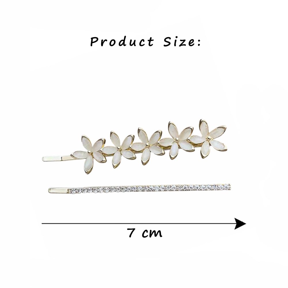 S.A.V.I 1 Pair Gold-Plated Flower Hairpins for Women & Girls | White Floral Hair Clips with Rhinestones | Elegant 7cm Hair Accessories for Wedding, Party & Daily