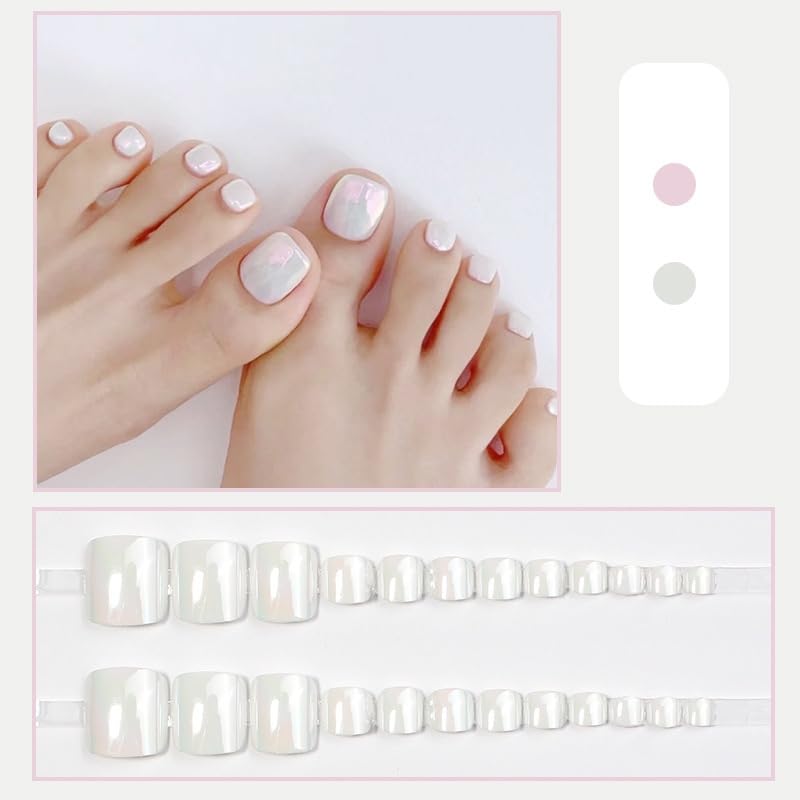 S.A.V.I White Chrome Press on Toenails 24 Pcs Short Square | Reusable Glossy Pedicure Tips with Glue & Adhesive Tabs, Natural Fit for Women, Easy DIY Salon Finish