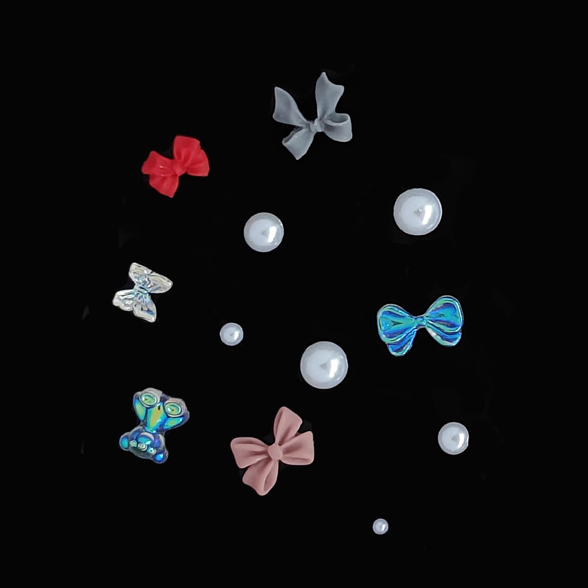 S.A.V.I DIY Nail Art Charms Set with Multicolour Resin Bows, Butterflies, Teddy Bear & Flat-Back Pearls | 7-Section Round Storage Box 8.3 cm | Nail Decoration Kit 38 pcs