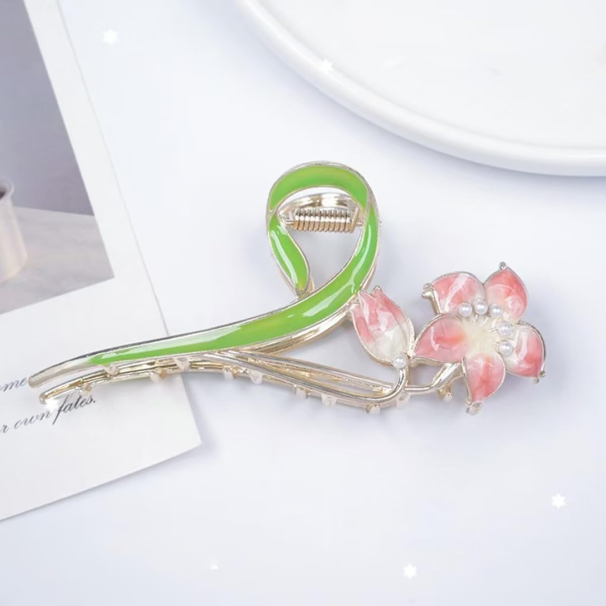 S.A.V.I Floral Hair Claw Clip for Women & Girls, Large 11 cm Strong Grip Clutcher, Green Pink Flower Design, Alloy Resin Hair Accessory for Daily, Party Styling