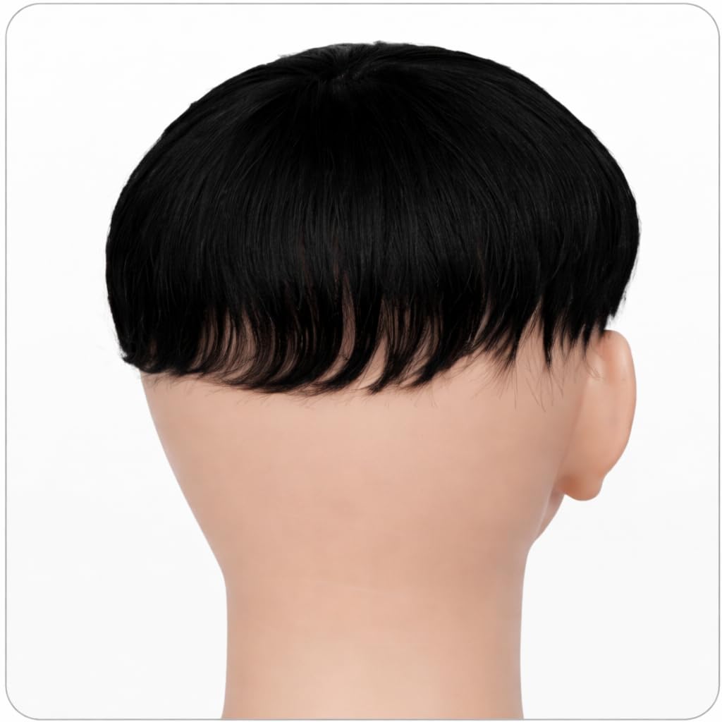 S.A.V.I Black 100% Human Hair Short Bowl Cut Wig for Men with Bangs & Undercut | Natural Straight Clip-In Topper | Breathable, Lightweight, Realistic Scalp Finish