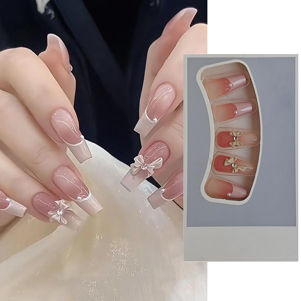 S.A.V.I 24 PCs Long Coffin Nude French Manicure Fake Nails with 3D Bowknot Design, Reusable Press-On Nails for Women - Elegant  Durable Artificial Nails for Weddings  Parties