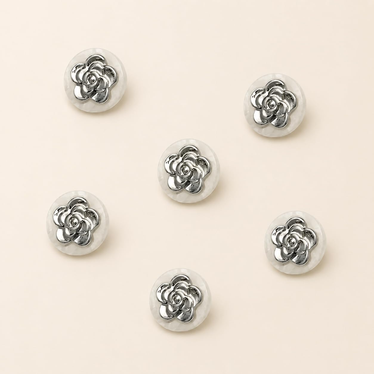 S.A.V.I Silver Camellia Shank Buttons for Kurti, 11mm, Set of 6 | White Pearl-Look, Floral Design, For Blouse & Dress, Craft Projects, Decorative Embellishments